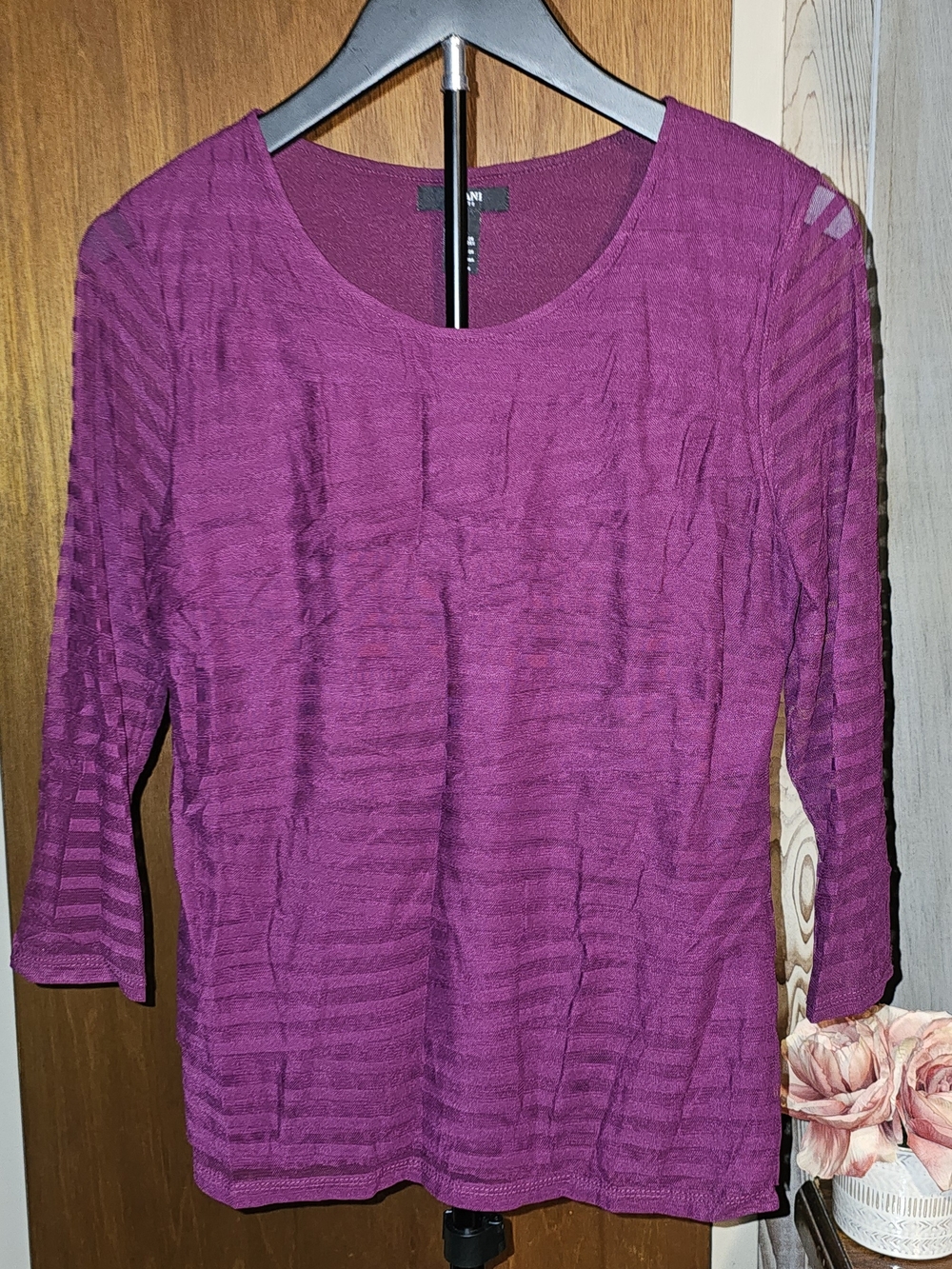 Alfani Magenta Sheer-Striped Long Sleeve Petite Top